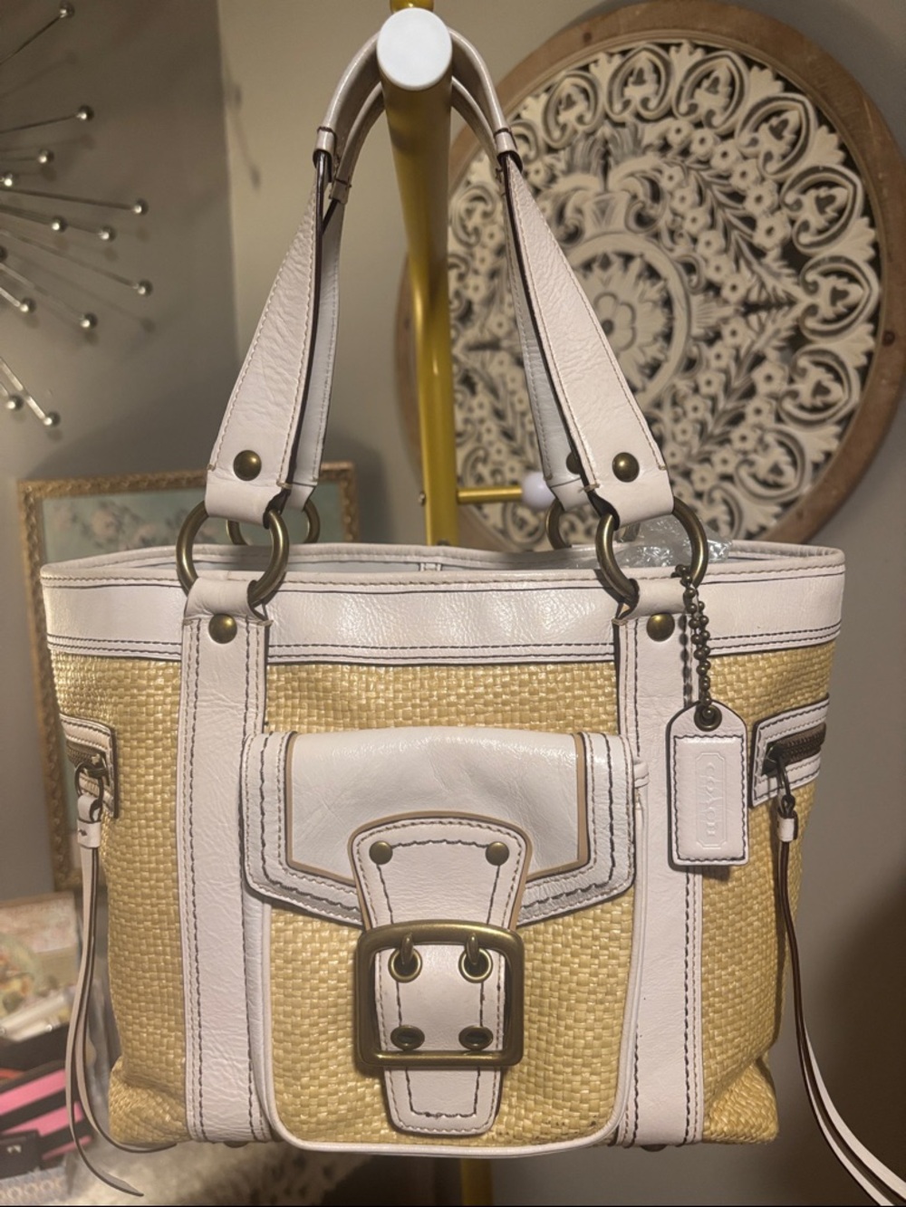 Coach Legacy Natural Woven Straw and White Leather Tote